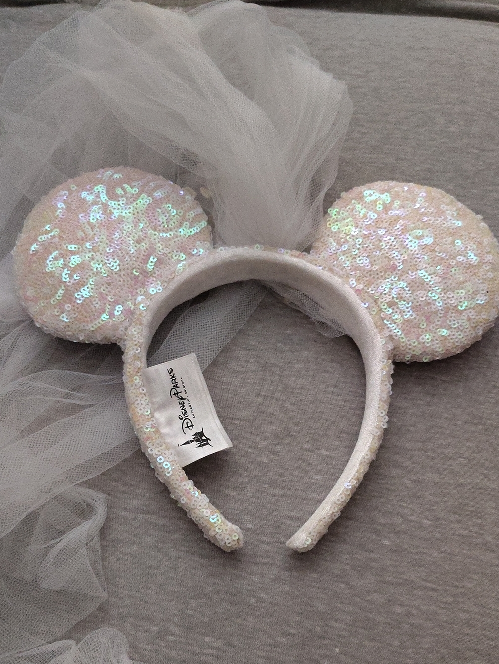 Disney Iridescent Sequin Mouse Ear Headband with White Veil